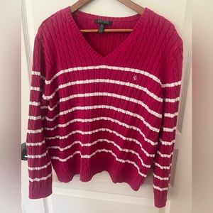 Lauren Ralph Lauren 2X Plus Size Magenta Cable Knit Striped VNeck Cotton Sweater